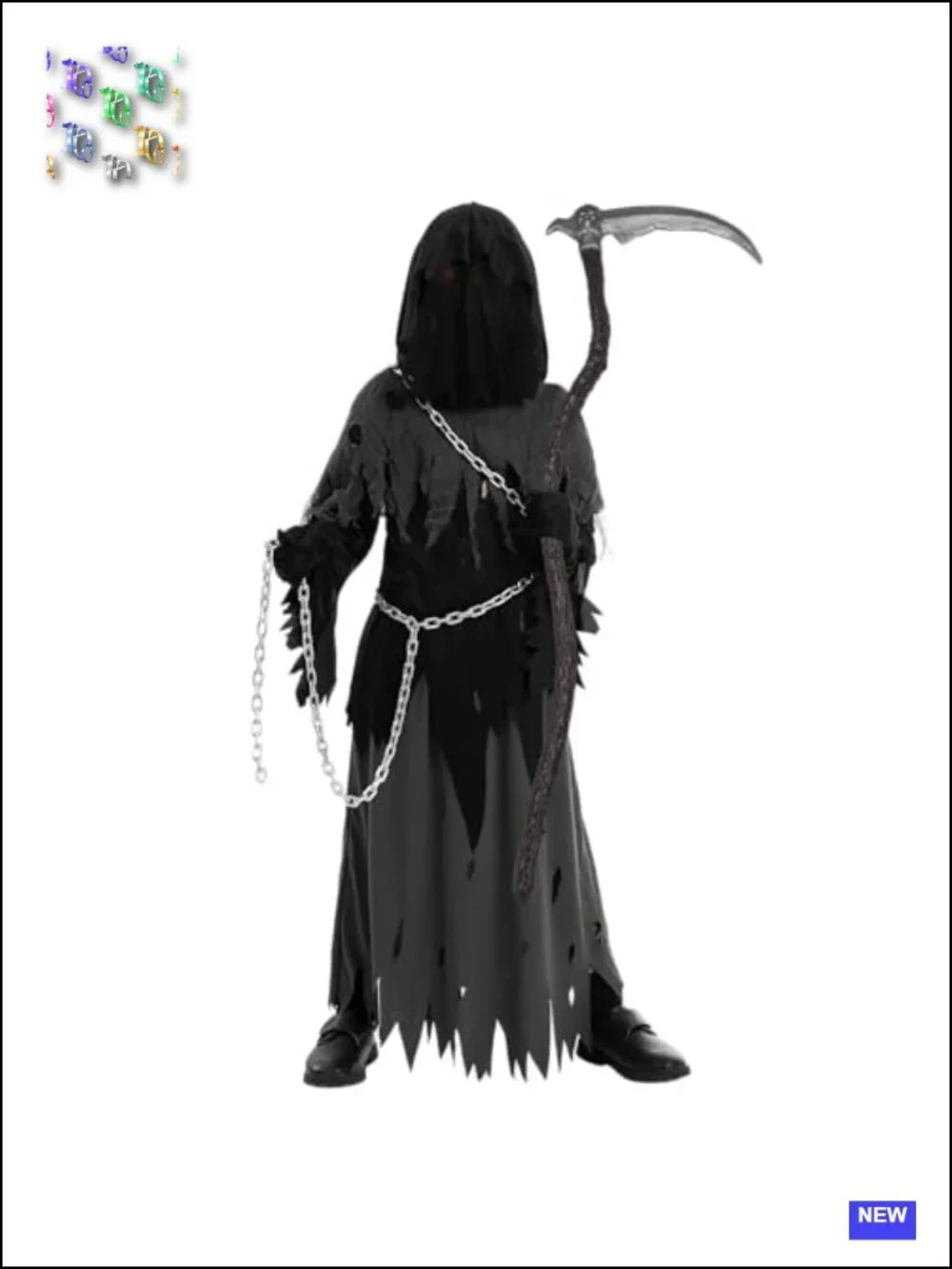 Kids Grim Reaper Halloween Costume with Glowing Eyes, Black Robe & Gloves,